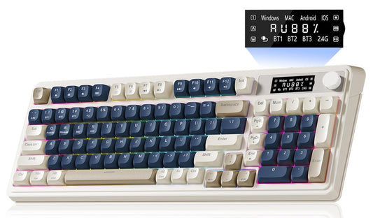 AULA S99 Pro Wireless Keyboard  Gaming Keyboards Media Knob Custom RGB Backlit  3-Modes BT/2.4G/USB-C Membrane Cute Creamy Keyboard for Windows/MAC/PC Gamer - Blue White