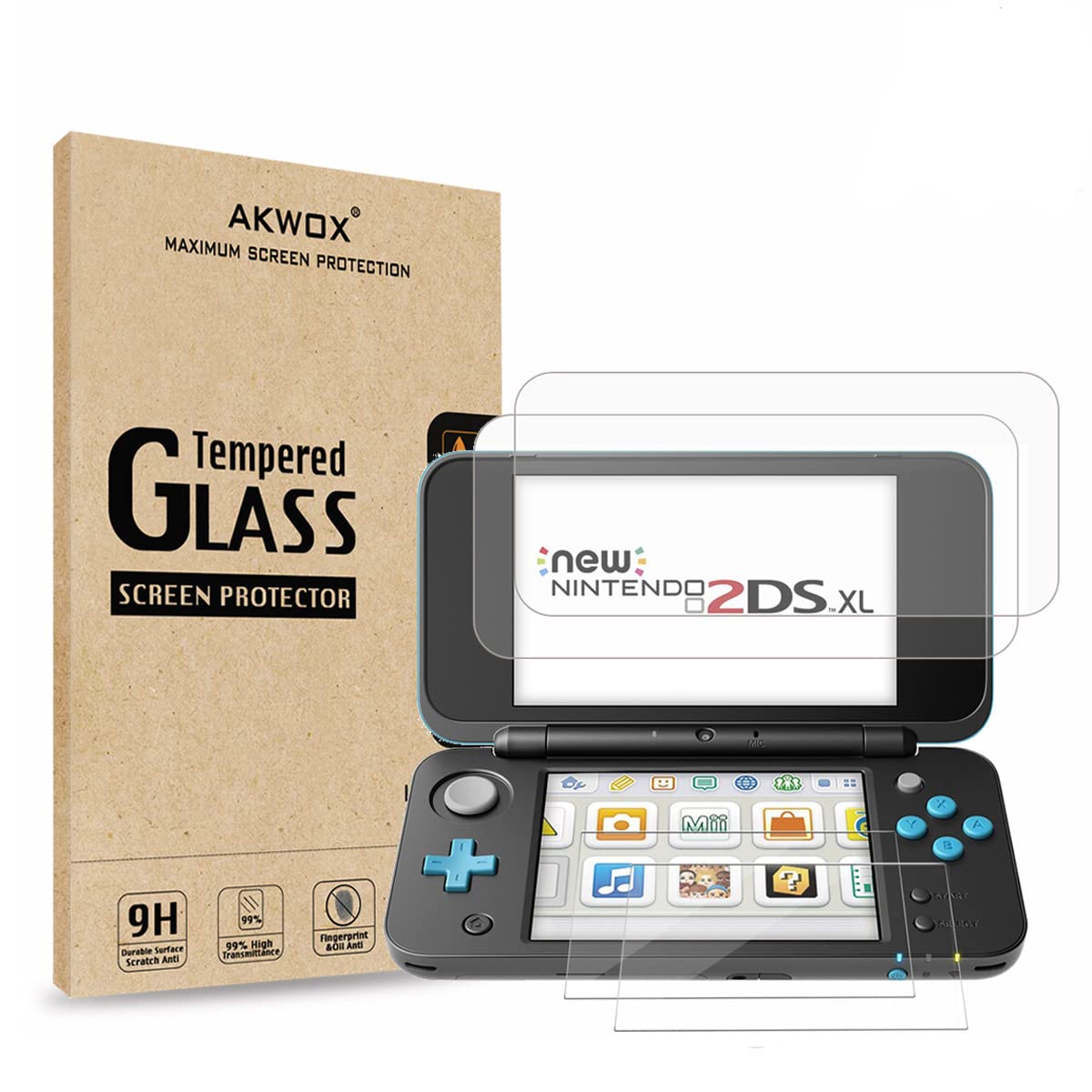 AKWOX (4-Pack) Tempered Glass Top LCD Screen Protector + HD Clear stone Buttom LCD Screen Protective Filter compatible with for New Nintendo 2DS XL [2 GLASS Top  2 PET Bottom]