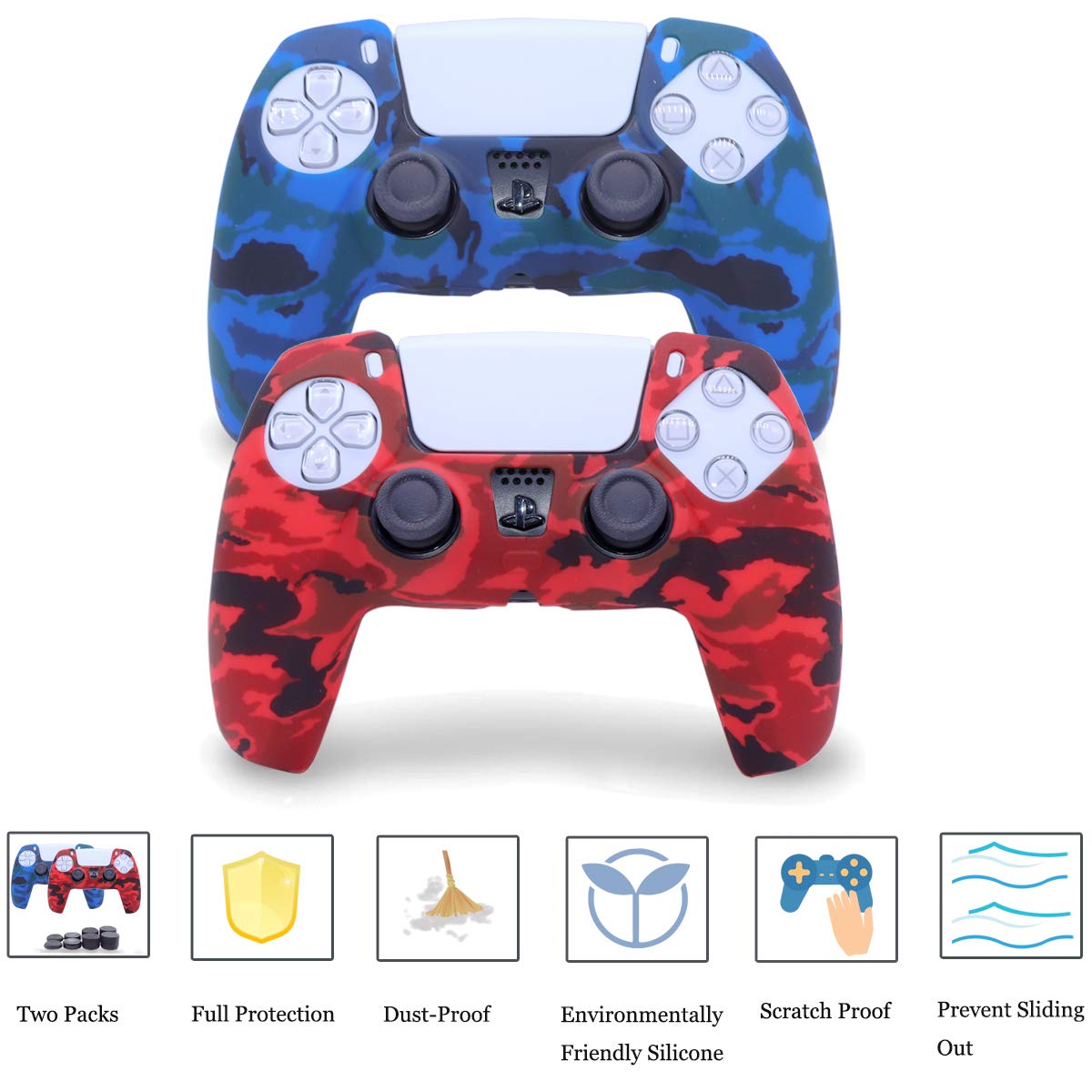 Sofunii PS5 Controller Skins - Camo Anti-Slip Cover Case with 8 Thumb Grips, Blue & Red, Fits Sony PlayStation 5