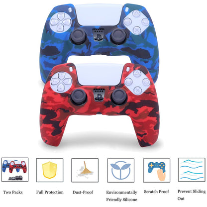 Sofunii PS5 Controller Skins - Camo Anti-Slip Cover Case with 8 Thumb Grips, Blue & Red, Fits Sony PlayStation 5