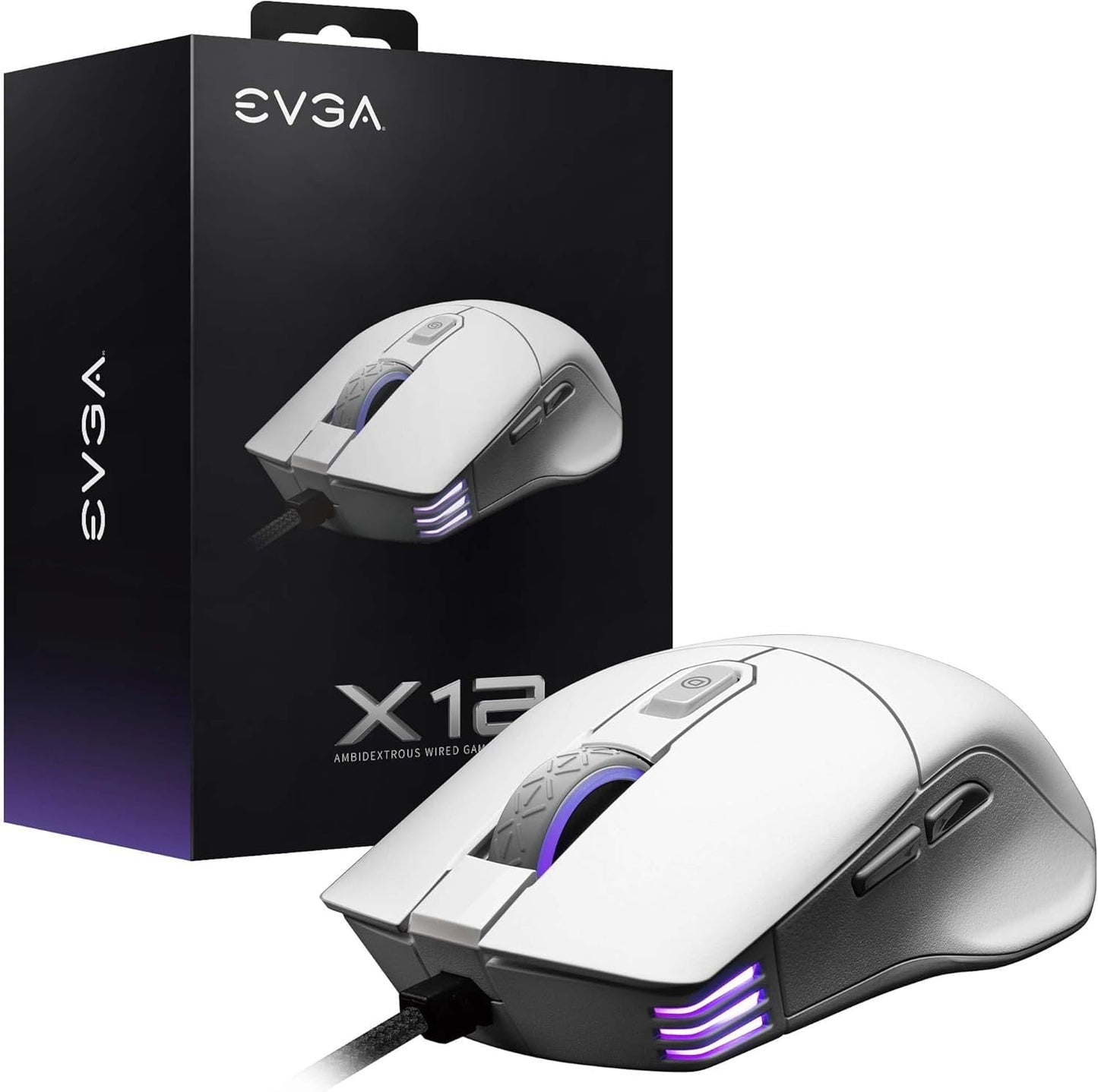 EVGA X12 Wired Gaming Mouse - 8K Dual Sensor, 16,000 DPI, RGB, 8 Buttons, Ambidextrous, White, Model 905-W1-12WH