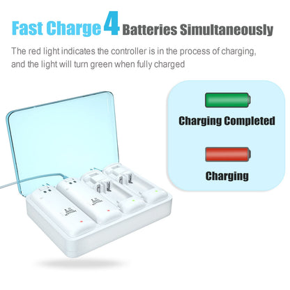 NATNO Wii & Wii U Controller Battery Charger - 4pcs 2800mAh NiMH Packs with 4-in-1 Charging Station, White