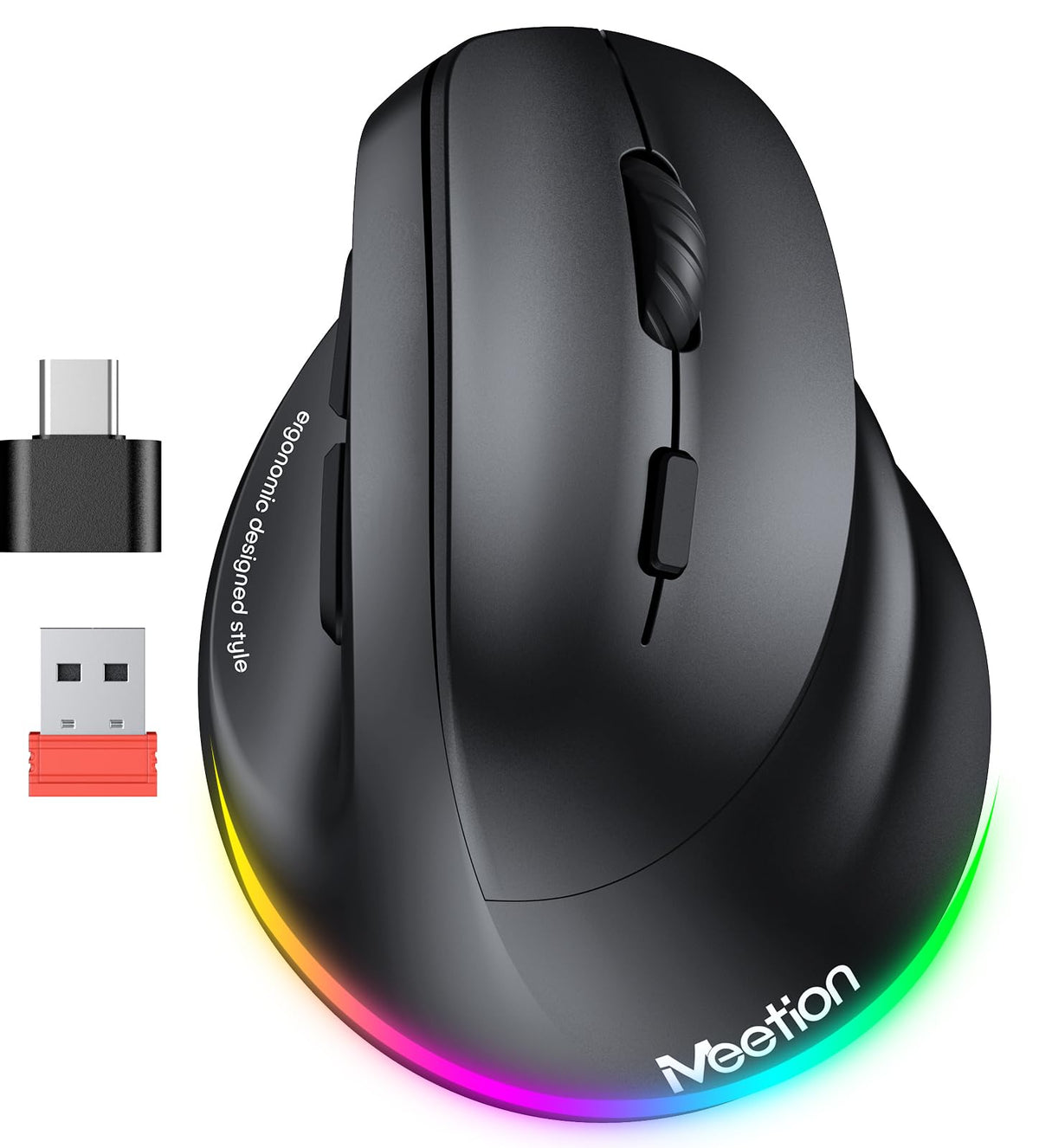 MEETION Ergonomic Mouse  Wireless Vertical Mouse RGB Backlit Rechargeable Mice for Bluetooth(5.2 + 3.0) & USB-A with USB-C Adapter 4 Adjustable DPI for Mac/Windows/Andriod/PC/Tablet/iPad Black
