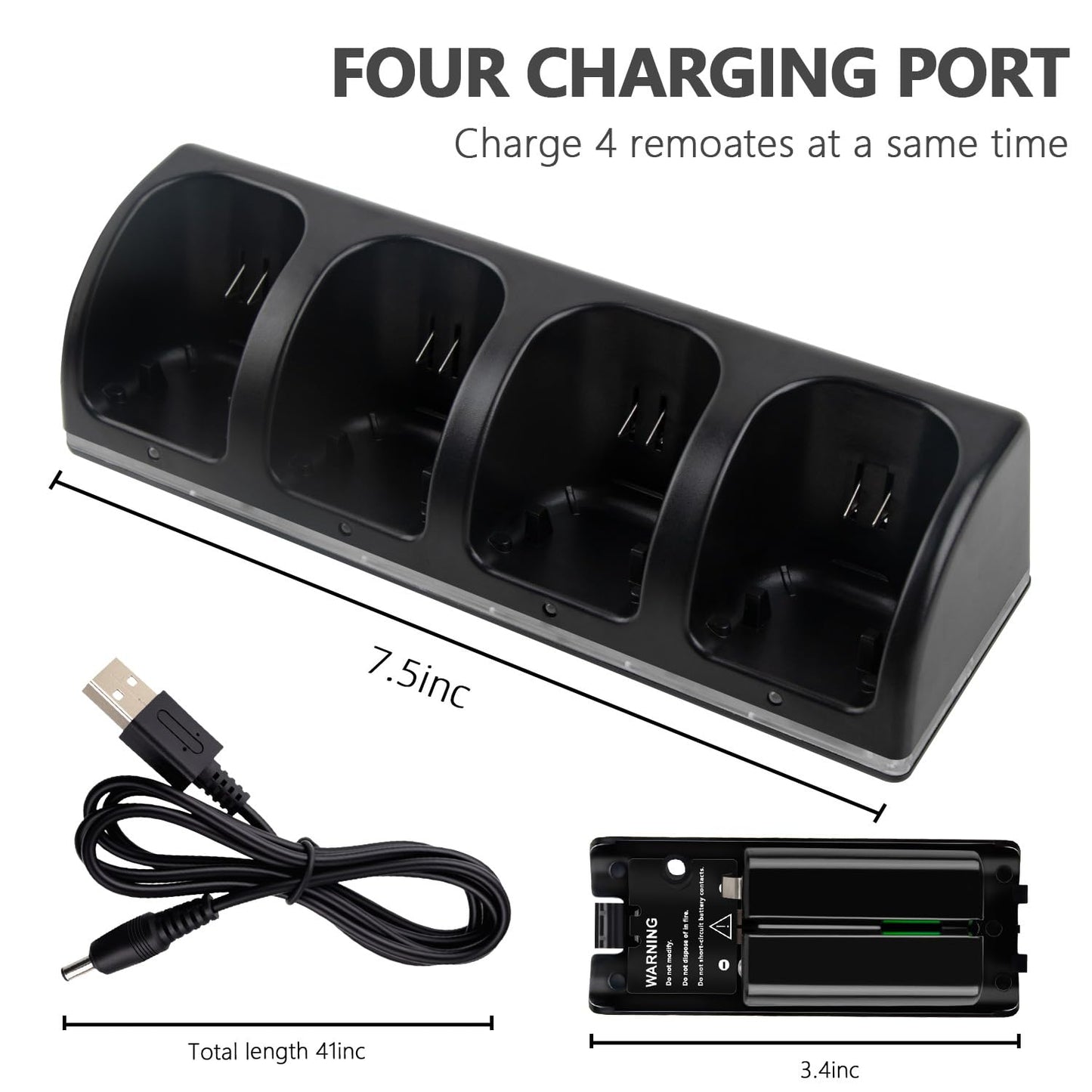 XiQiDianr 4-in-1 Charger Station for Wii & Wii U - Includes 4 Rechargeable 2800mAh Batteries, USB Cable, Black