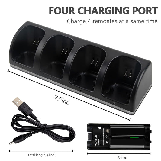 XiQiDianr 4-in-1 Charger Station for Wii & Wii U - Includes 4 Rechargeable 2800mAh Batteries, USB Cable, Black