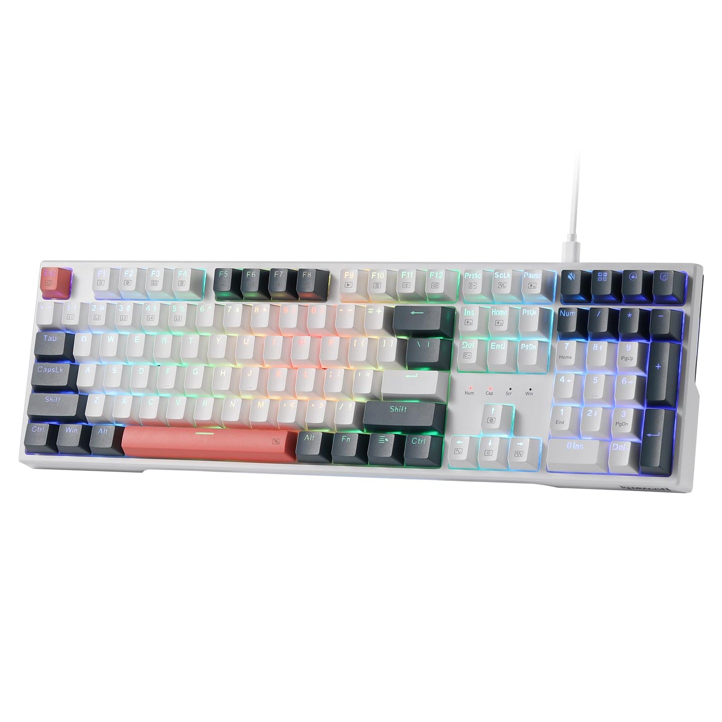 Redragon K668 RGB Mechanical Gaming Keyboard, 104 Keys + 4 Hotkeys, White, Hot-Swappable, Red Switch, Sound Absorbing Foams