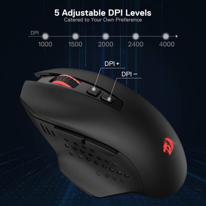 Redragon M656 Wireless Gaming Mouse - 4000 DPI, 7 Macro Buttons, Red LED, Black Plastic, Compatible with PC/Mac/Laptop