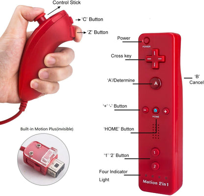 TechKen Wii Controller Set of 2 with Nunchuck - Red & Blue, Wii Accessories