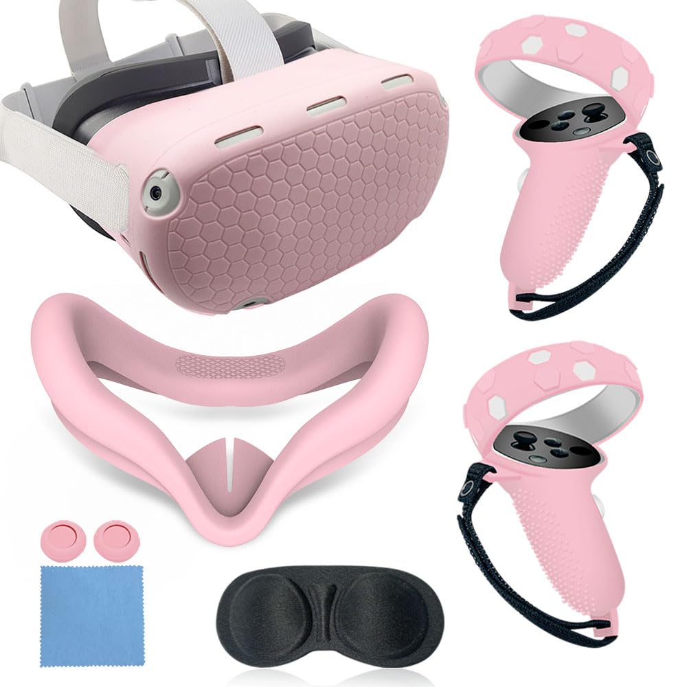 MLemonVR Silicone Cover Set Compatible with Oculus/Meta Quest 2 Accessories Includes Controller Grips Button Caps & Face Cover  Shell Cover  Lens Cover  for Quest 2_Pink