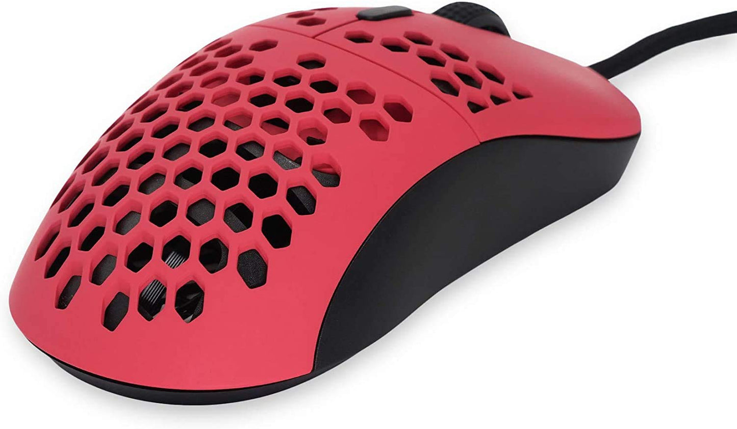 G-Wolves Hati HTM Wired Gaming Mouse - Ultra Lightweight 61G, Honeycomb Design, 3360 Sensor, PTFE Skates, Faze Red, Medium Size