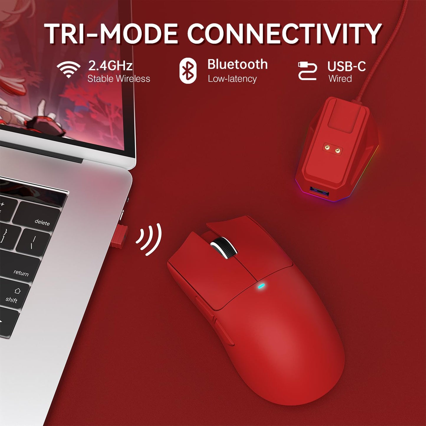 ATTACK SHARK X11 Wireless Gaming Mouse, RGB Charging Dock, 22K DPI, 2.4G/USB-C/BT, 5 Buttons, Red