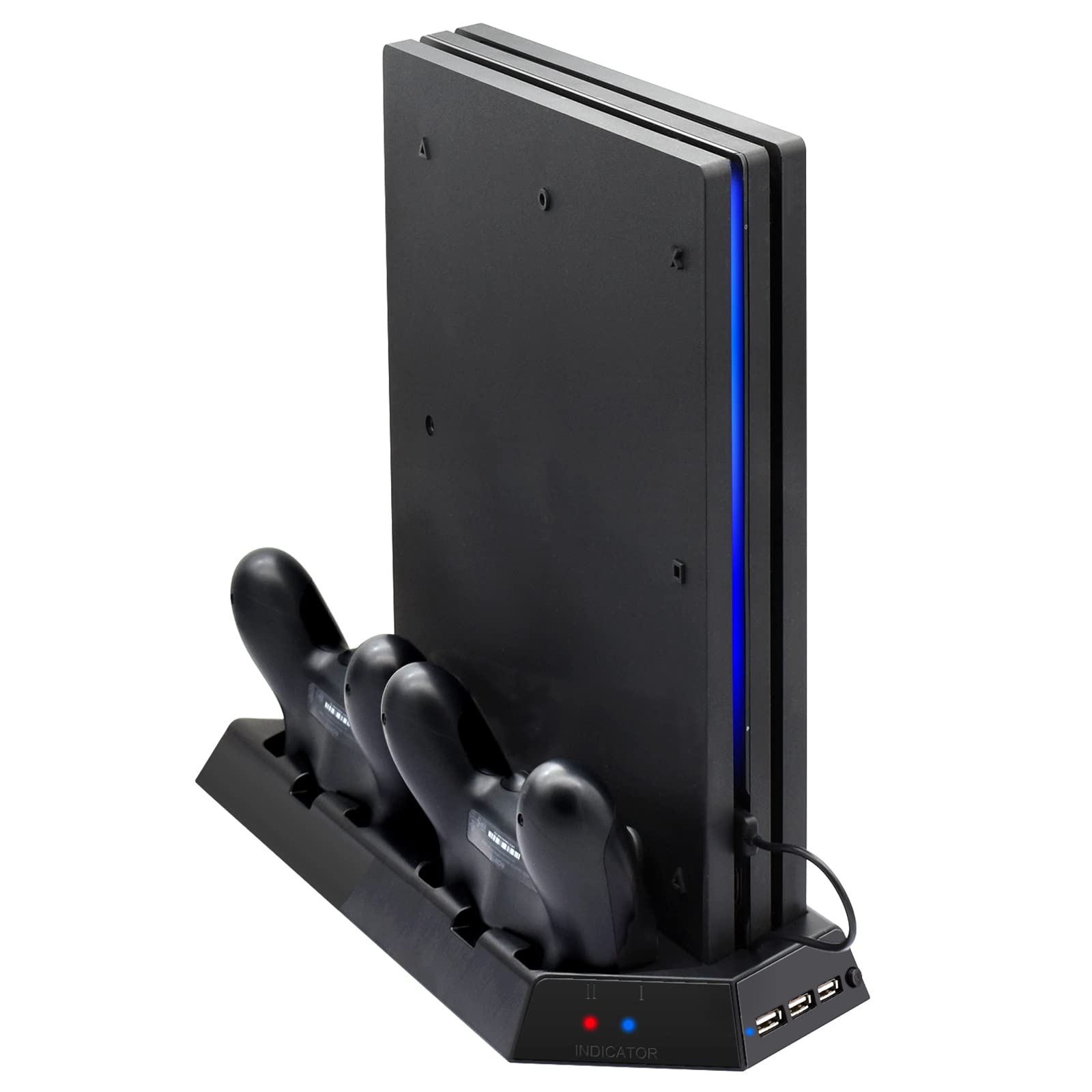 FASTSNAIL Vertical Stand for PS4 Pro with Cooling Fan  Controller Charging Station for PlayStation 4 Pro  Charger for DualShock 4 Controller with LED Indicator