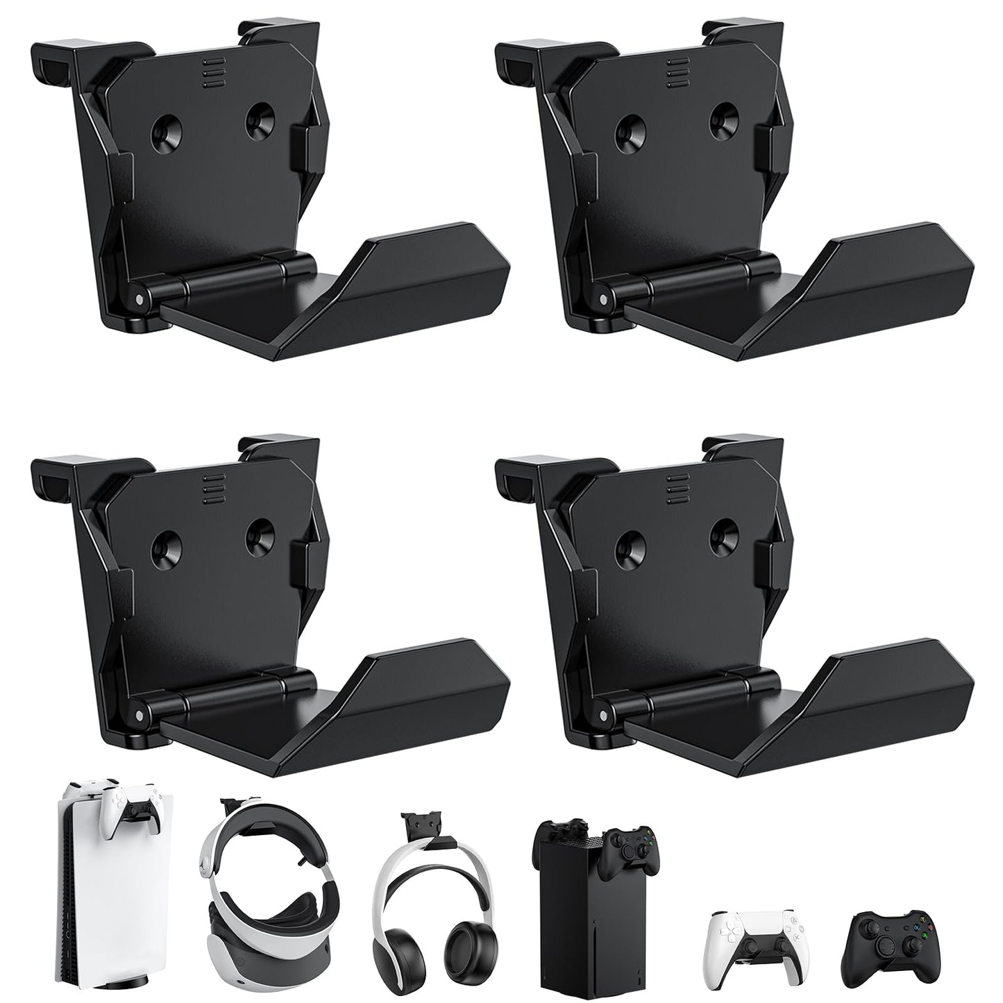 KUNSLUCK 4 Pack Controller Wall Mount for PS5  Xbox  Switch Controller Wall Mount Stand for Controller&Headset  Adhesive/Screws Installation (Black)