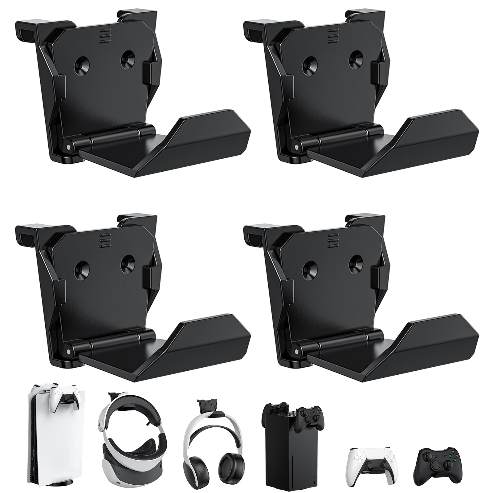 KUNSLUCK 4 Pack Controller Wall Mount for PS5  Xbox  Switch Controller Wall Mount Stand for Controller&Headset  Adhesive/Screws Installation (Black)