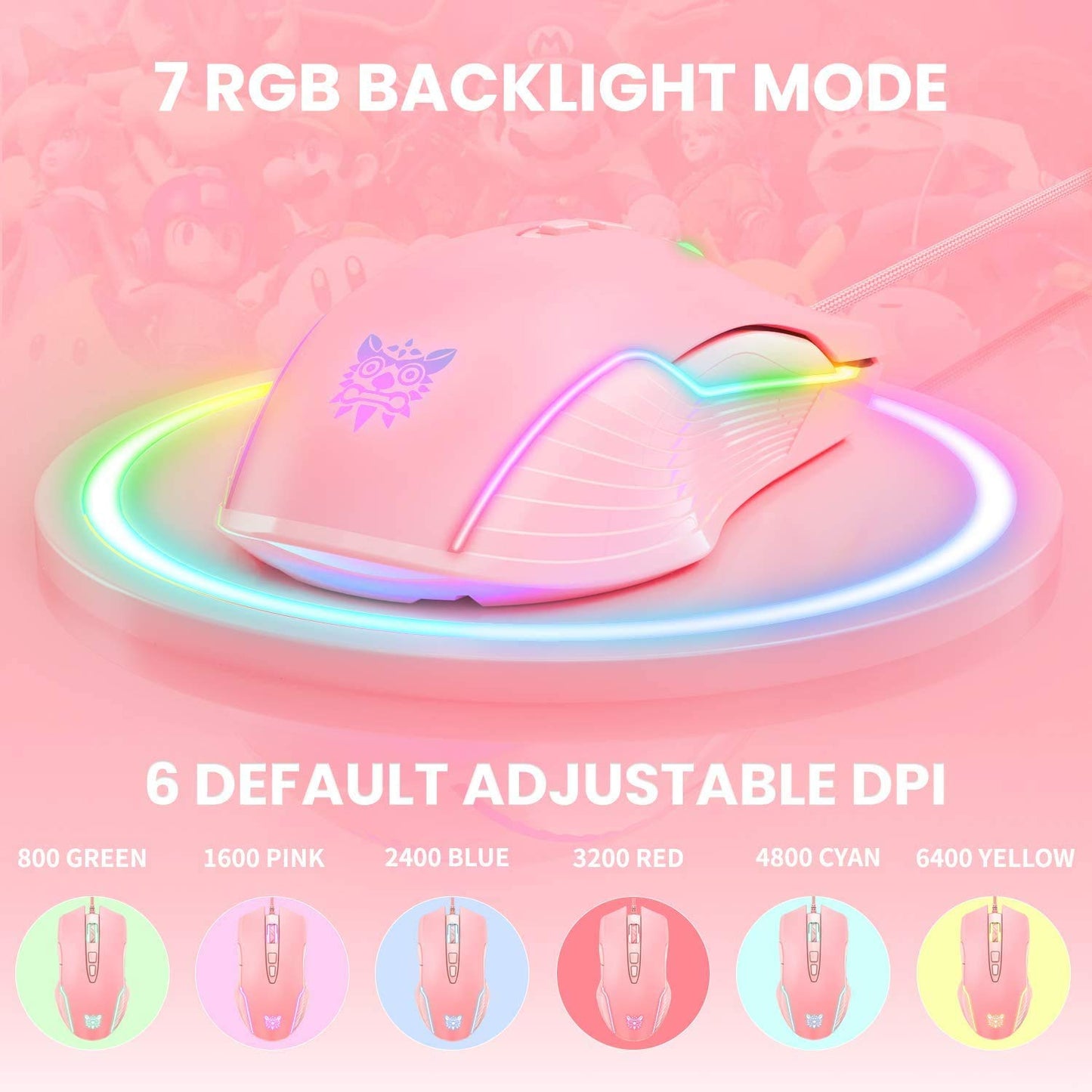 SIMGAL RGB Gaming Mouse - Wired USB Optical Mice, 6400 DPI, Ergonomic, 7 Programmable Buttons, Pink