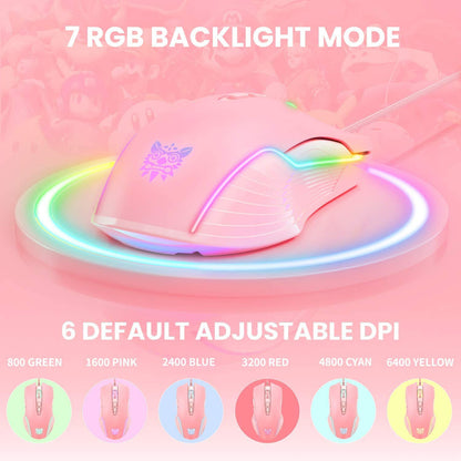 SIMGAL RGB Gaming Mouse - Wired USB Optical Mice, 6400 DPI, Ergonomic, 7 Programmable Buttons, Pink