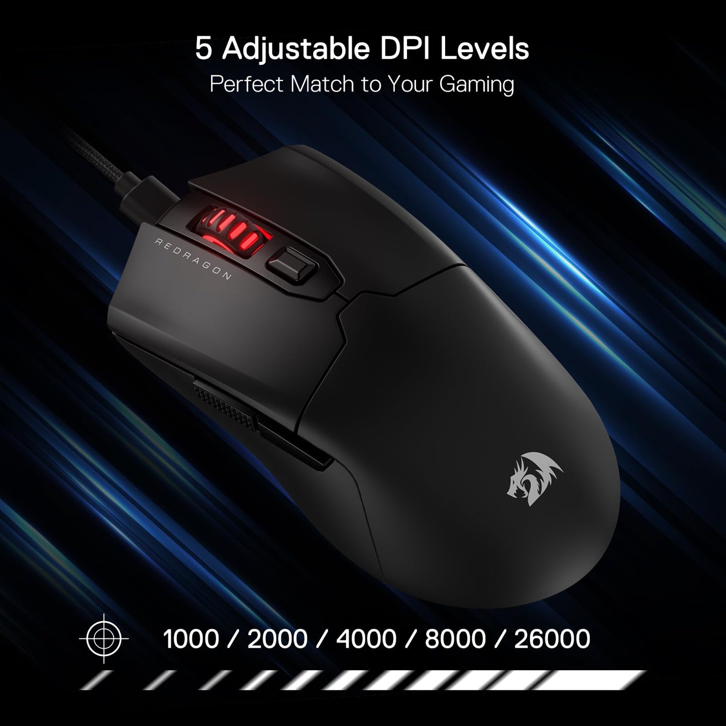 Redragon M995 Wired Gaming Mouse, 26000 DPI, 6 Programmable Buttons, 5 Backlit Modes, Ultra Lightweight, Black