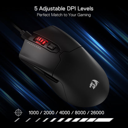 Redragon M995 Wired Gaming Mouse, 26000 DPI, 6 Programmable Buttons, 5 Backlit Modes, Ultra Lightweight, Black