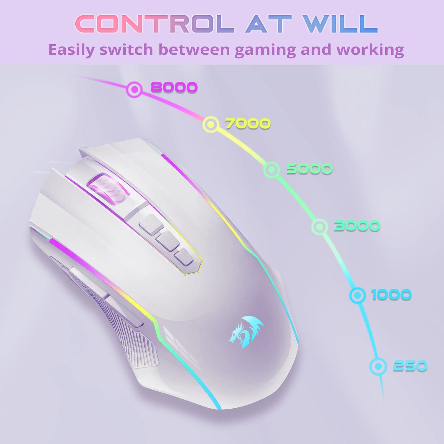 Redragon M910-WS Wireless Gaming Mouse, RGB Backlit, 8000 DPI, Rechargeable, White