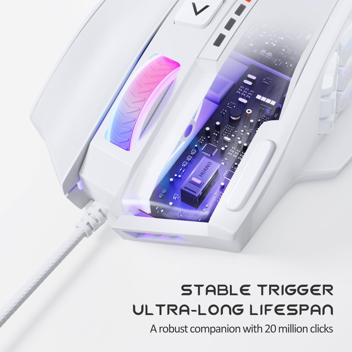 UtechSmart Venus Gaming Mouse - RGB Wired, 16400 DPI, 12 Side Buttons, Medium, Cool White, Model DS-2535