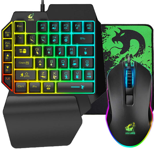 FELICON One Handed Gaming Keyboard and Mouse Combo  Rainbow Backlit 39 Keys Portable Small Mechanical Feel Keyboard with Wrist Rest Support  RGB Backlight 6 Buttons Adjustable Mice for PC Gamer