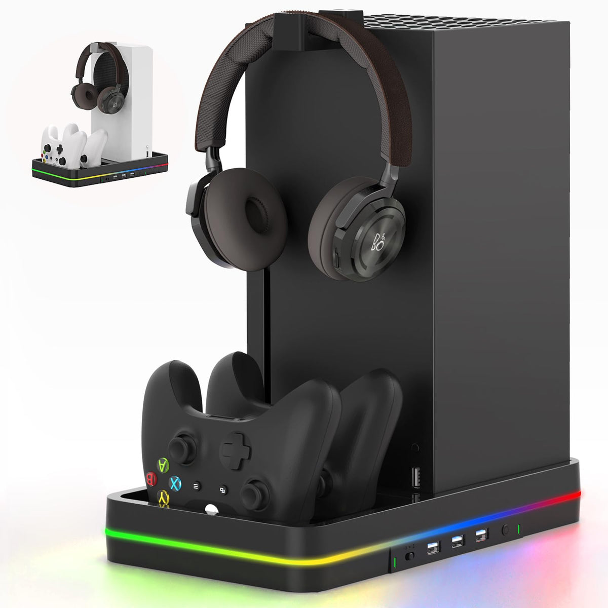 KEPLUG Dual Cooling Fan and Cooling Stand for Xbox Series X/S Console/Controller Xbox Dual Controller Charger Station with RGB LED Light & 3 USB Ports Xbox Series x Accessories with 2 Headphone Hooks