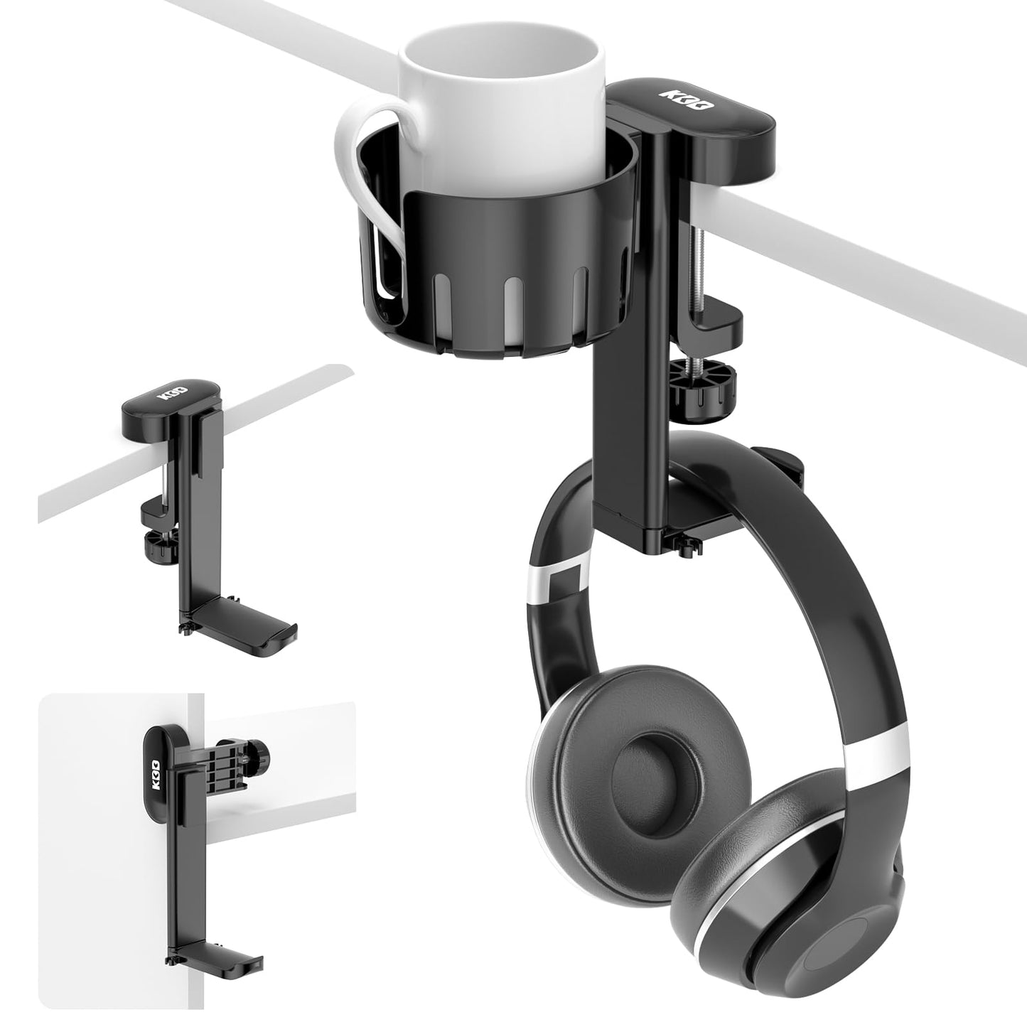 KDD 2 in 1 Headphone Hanger with Desk Cup Holder, Rotatable Under Desk Clamp, Black, Model 790-FUTI