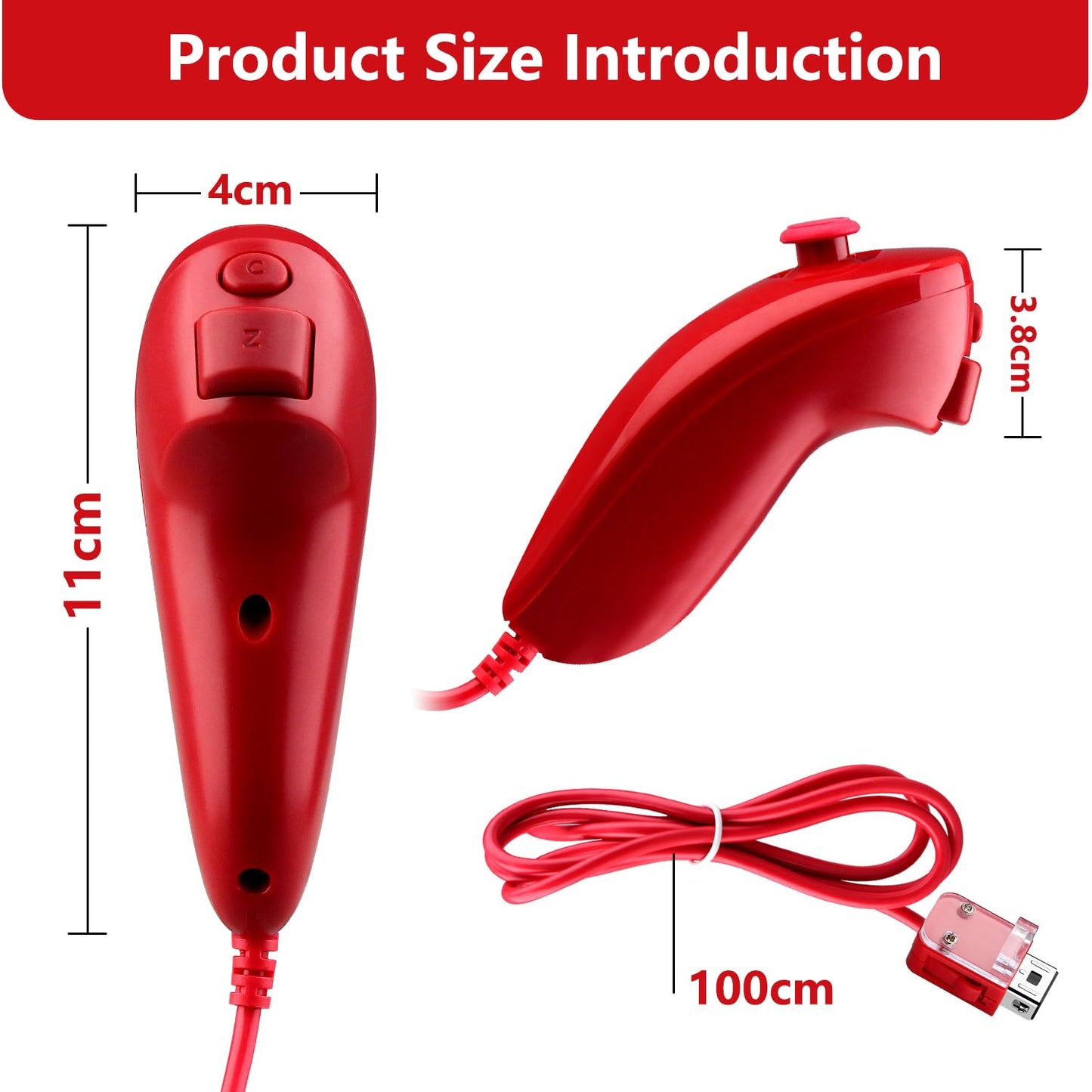 OSTENT Wired Nunchuck Controller for Nintendo Wii, Motion-Based, Red, Model Rouge