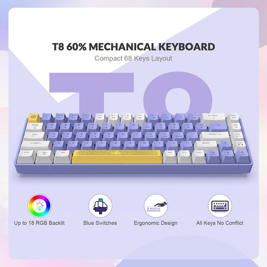 Yindiao T8 60% Mechanical Gaming Keyboard, 68 Keys TKL, Chroma RGB Backlit, Blue Switch, Purple, Wired for PC, Mac, PS4, Xbox