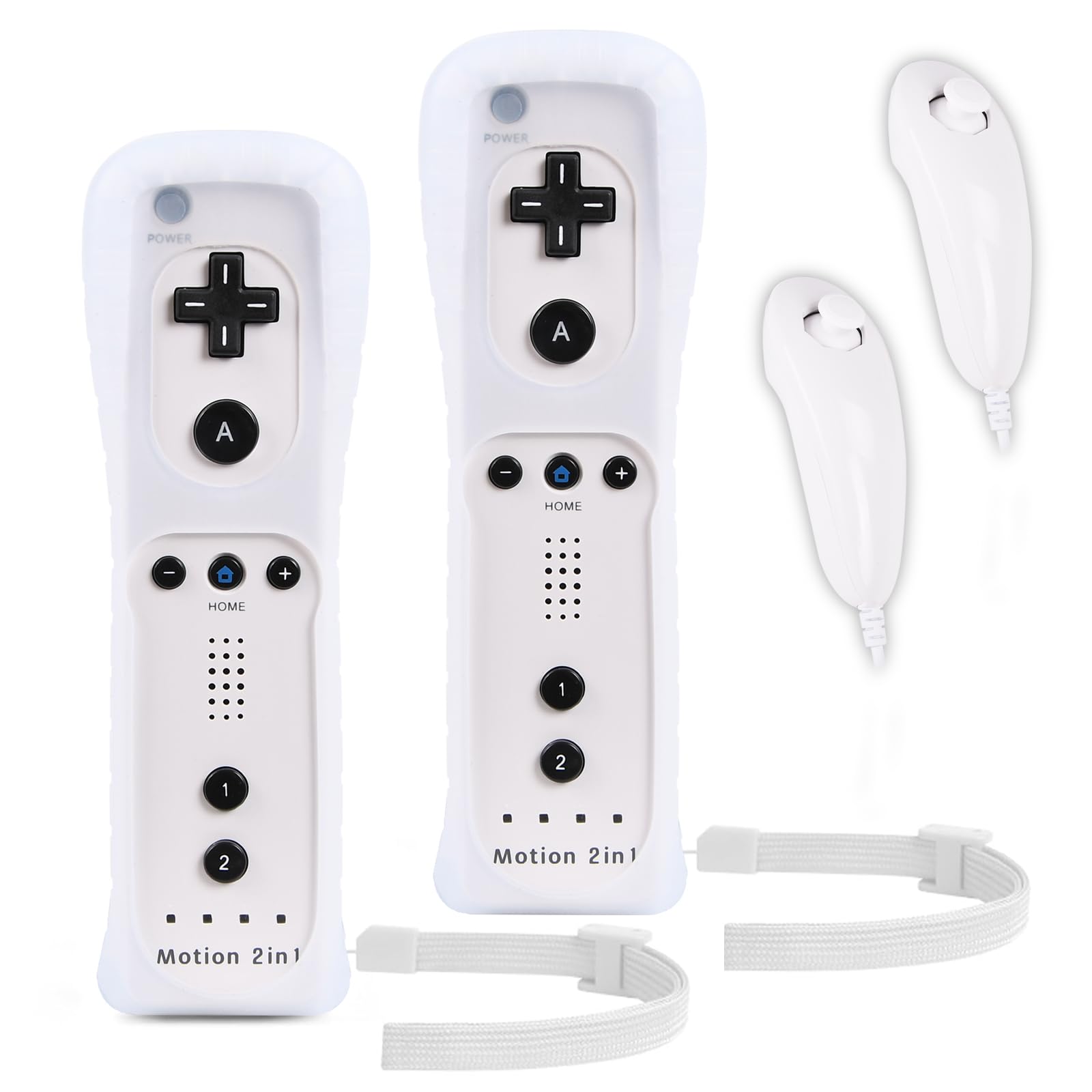 TechKen Wii Remote Controller Set - Includes 2 Remotes & 2 Nunchucks with Motion Sensor - Model 245498 - White Color