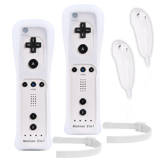 TechKen Wii Remote Controller Set - Includes 2 Remotes & 2 Nunchucks with Motion Sensor - Model 245498 - White Color