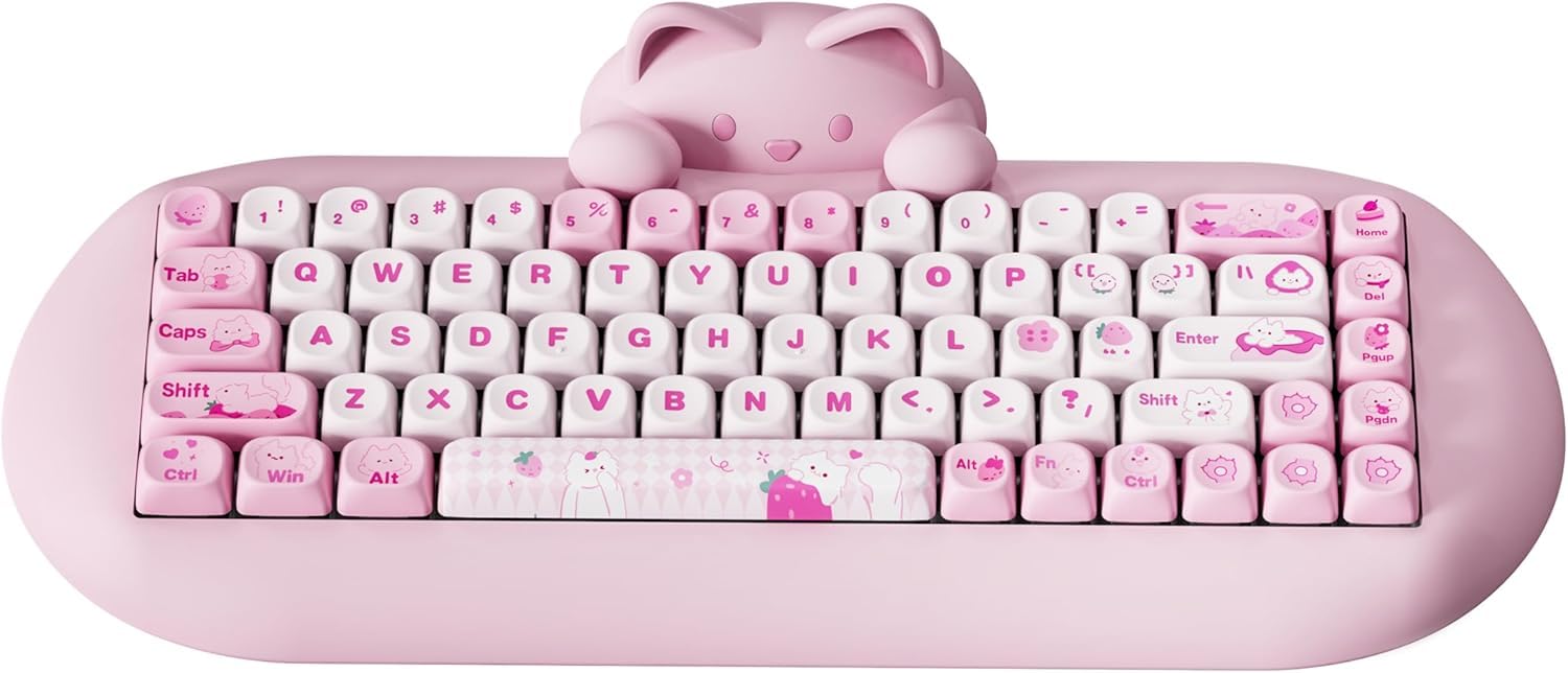 YUNZII C68 Wireless Mechanical Keyboard 65% Layout Hot Swap Triple Mode BT5.0/2.4G/Wired  RGB Backlit NKRO Cute Cat Silicone Ergonomic Design for Win/Mac (Pink  Milk Switch)