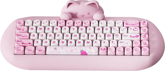 YUNZII C68 Wireless Mechanical Keyboard 65% Layout Hot Swap Triple Mode BT5.0/2.4G/Wired  RGB Backlit NKRO Cute Cat Silicone Ergonomic Design for Win/Mac (Pink  Milk Switch)