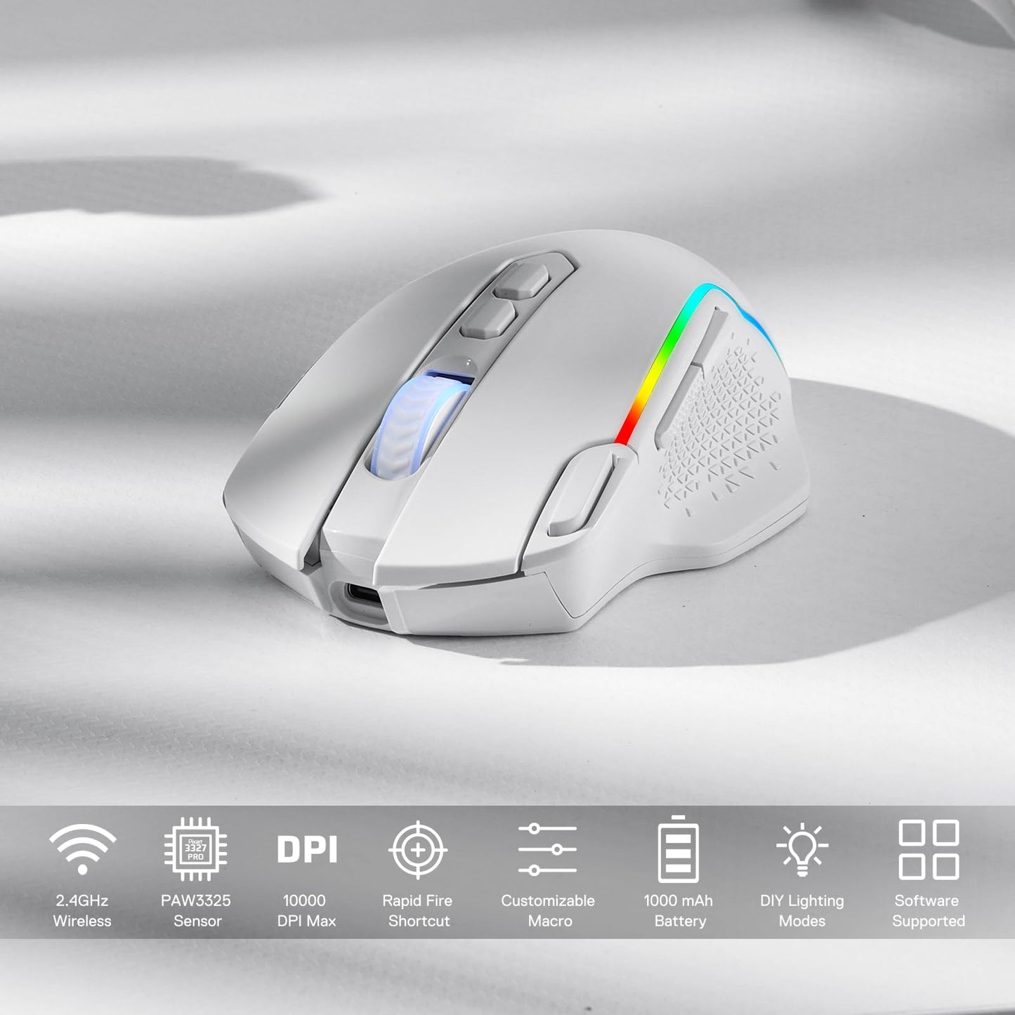 Redragon M810 Pro Wireless Gaming Mouse, 10000 DPI, 8 Macro Buttons, RGB Backlit, White