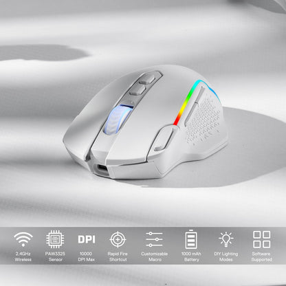 Redragon M810 Pro Wireless Gaming Mouse, 10000 DPI, 8 Macro Buttons, RGB Backlit, White