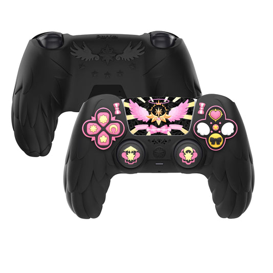 PlayVital Magic Wings Protective Silicone Cover Skin for ps5 Controller - Soft Anti-Slip Grip Protector Case for ps5 Controller with Thumbstick Caps & Stickers  Charging Station Compatible - Black