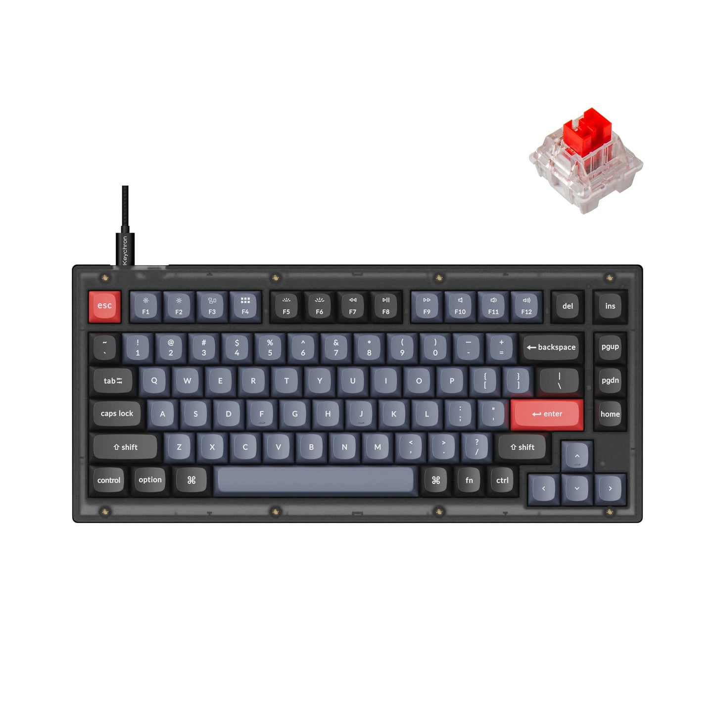 Keychron V1 Wired Custom Mechanical Keyboard  75% Layout QMK/VIA Programmable Macro with Hot-swappable Keychron K Pro Red Switch Compatible with Mac Windows Linux (Frosted Black - Translucent)