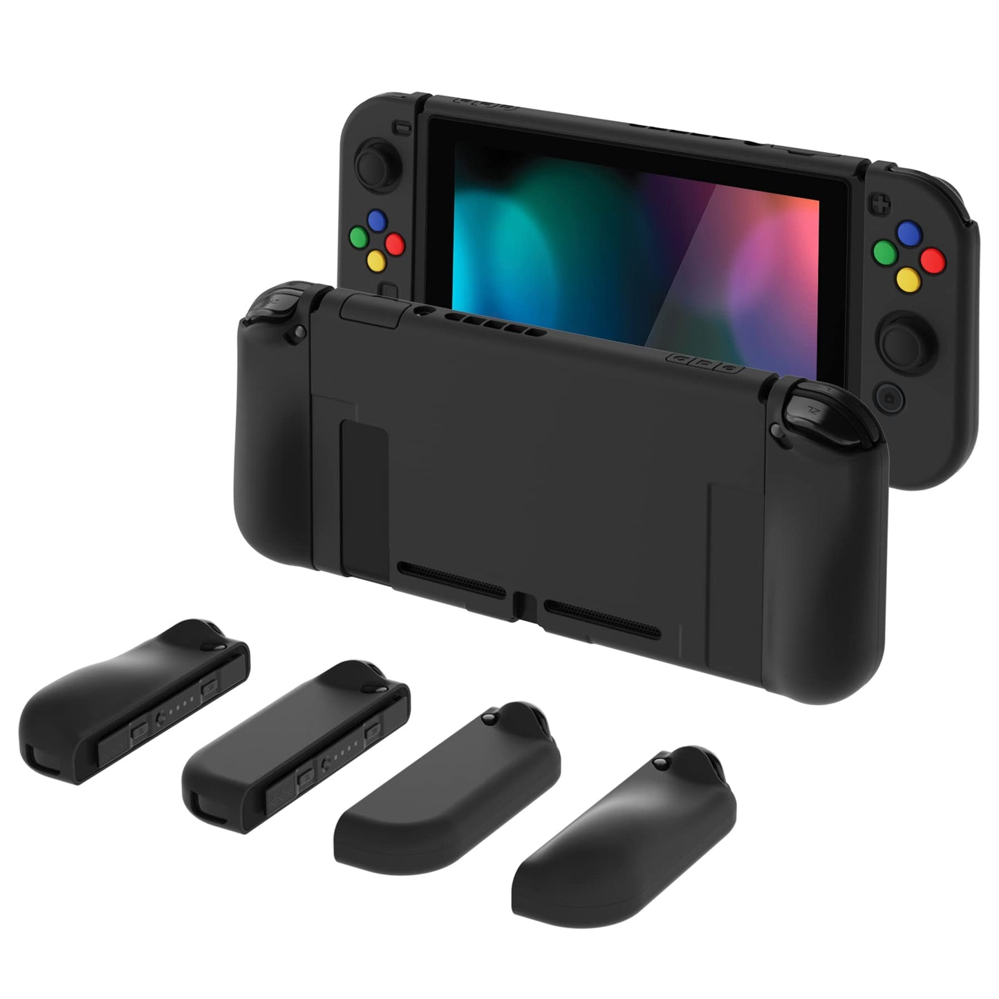 PlayVital AlterGrips Ergonomic Grips Cover for Nintendo Switch  [2 Design] Interchangeable Comfort Dockable Protective Case with Screen Protector & Thumb Grip Buttons Caps - Black