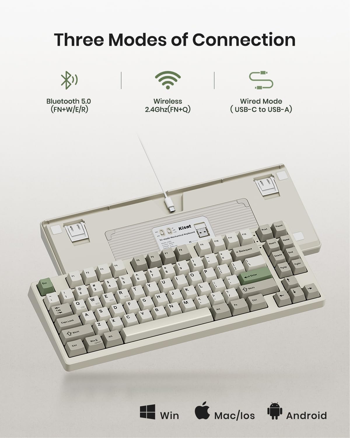 Kisnt Wireless Mechanical Keyboard - Gasket Mounted, Bluetooth, RGB Backlit, 75% Compact, Industrial Gray, Model KN85