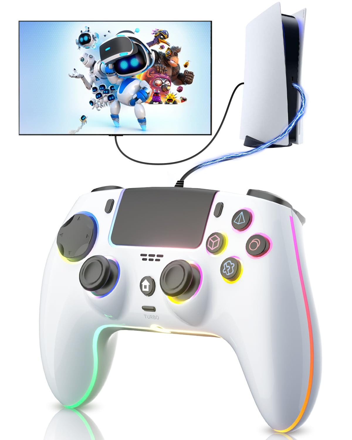 ThinTree Wired Controller for PS5/Pro/Slim/PC - Hall Effect Sticks, 7 RGB Modes, Haptic Feedback, White
