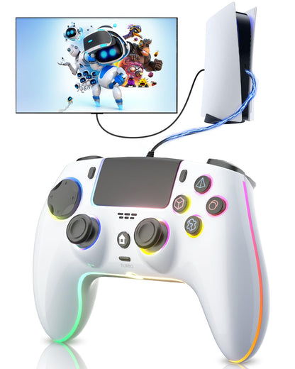 ThinTree Wired Controller for PS5/Pro/Slim/PC - Hall Effect Sticks, 7 RGB Modes, Haptic Feedback, White