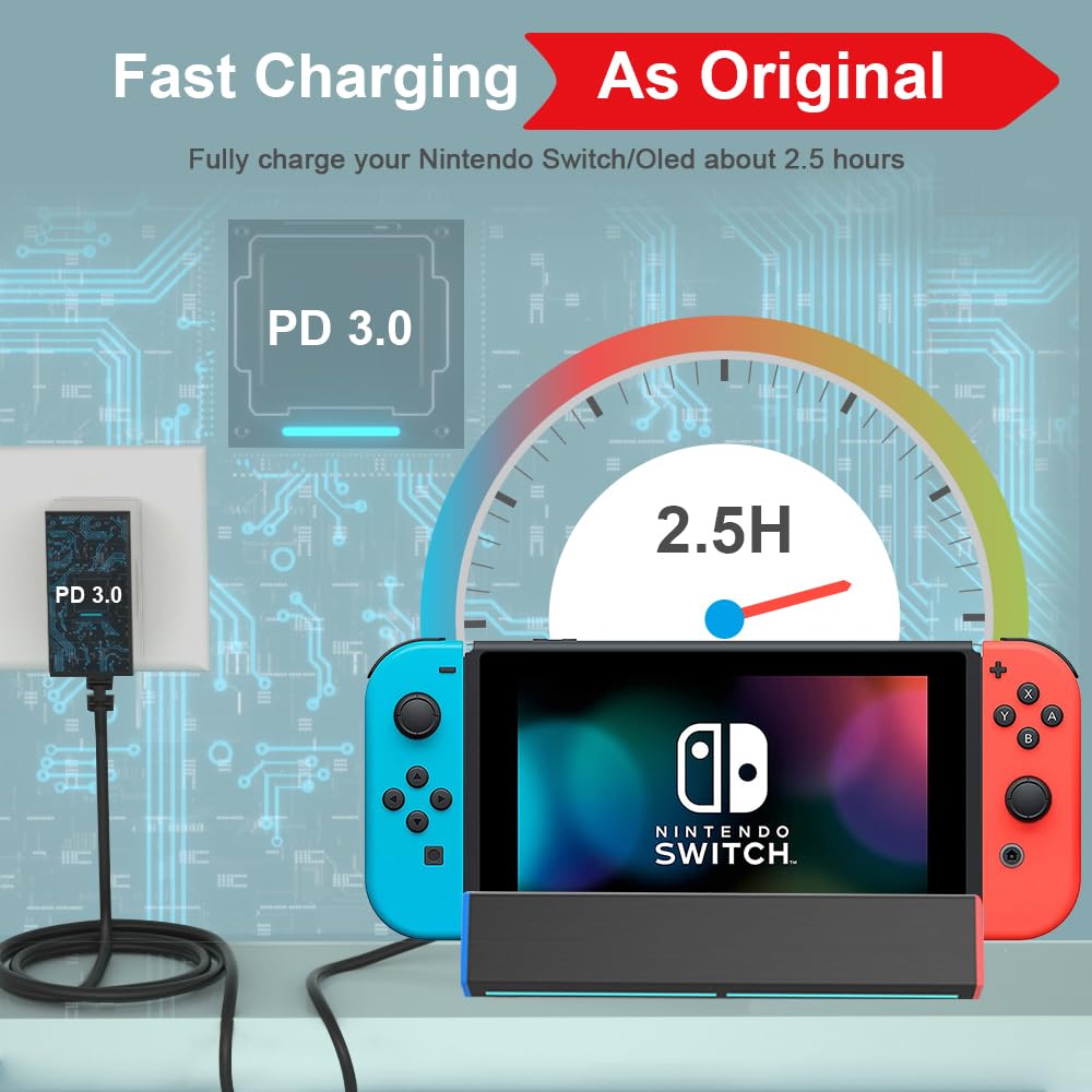 ZYHKJYL 6.6FT Fast Charger for Nintendo Switch - USB C Power Adapter, 15V/2.6A, Black, Compatible with Switch/Lite/OLED/Dock