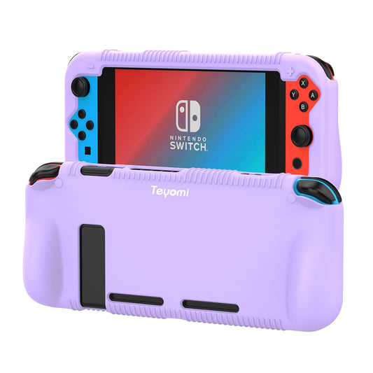Teyomi Protective Silicone Case for Nintendo Switch  Grip Cover with Tempered Glass Screen Protector  2 Storage sections for Game Cards  Shock-Absorption & Anti-Scratch (Purple)