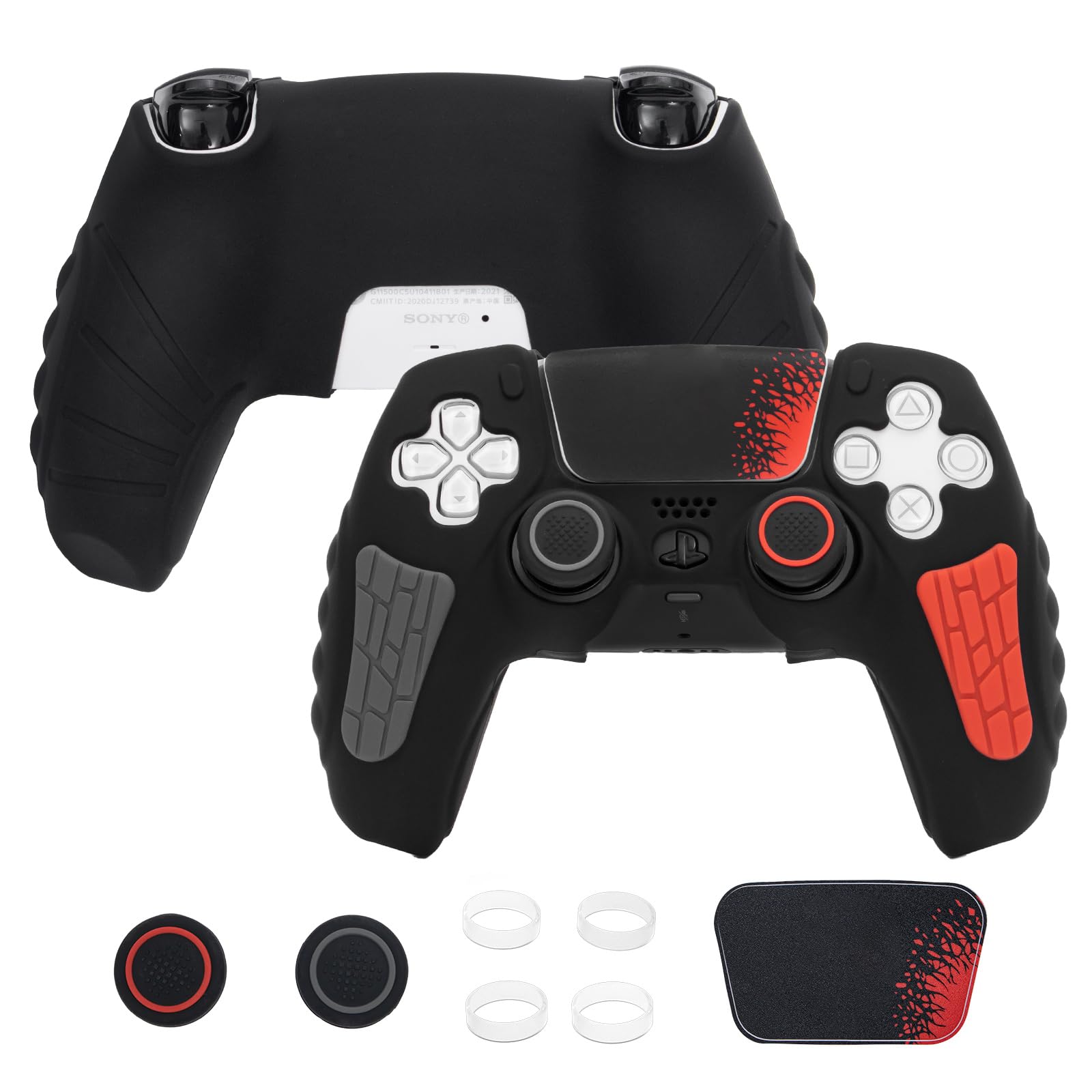 PS5 Controller Cover Case - Anti-Slip Silicone Skin for PS5 Controller with Thumb Grip Caps  Joystick Protectors  Theme Sticker - Black