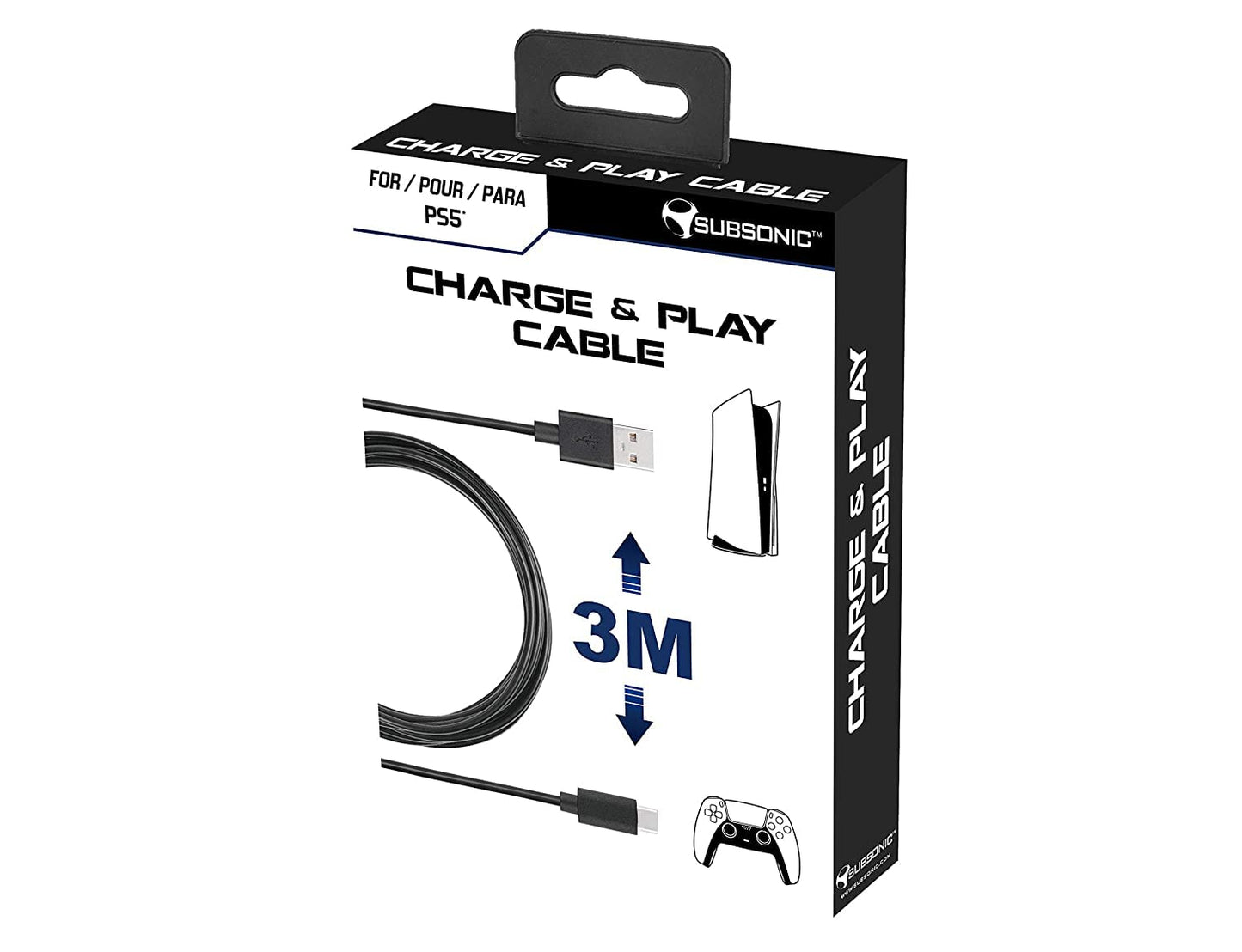 SUBSONIC 3M USB C XXL Charging Cable for PS5 Controller - Black - Model SA5600