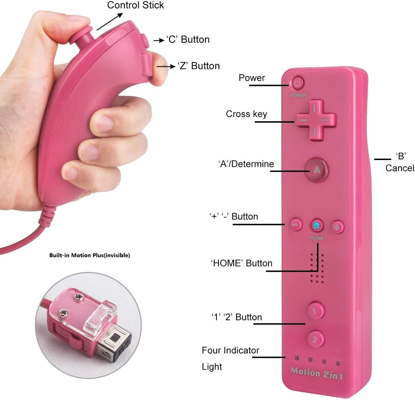 TechKen Wireless Controller for Wii U - Motion Plus, Pink, 1 Pack