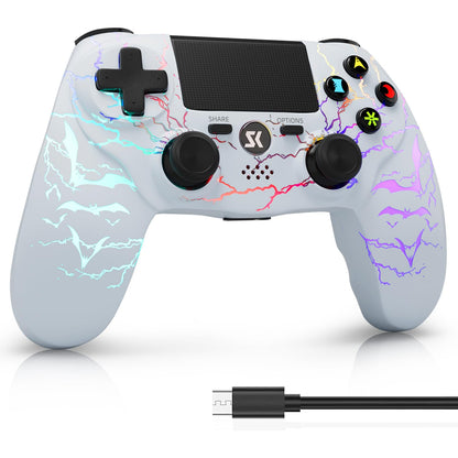 ISHAKO PS4 Controller - RGB Light, 1000mAh Battery, Double Vibration, 6-Axis Motion Control, 3.5mm Audio Jack - White