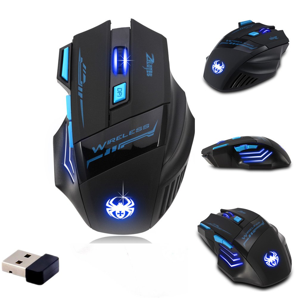 zelotes F14 Wireless Gaming Mouse - 2400 DPI, USB 2.4G, Black, Compatible with Laptop/PC/MacBook