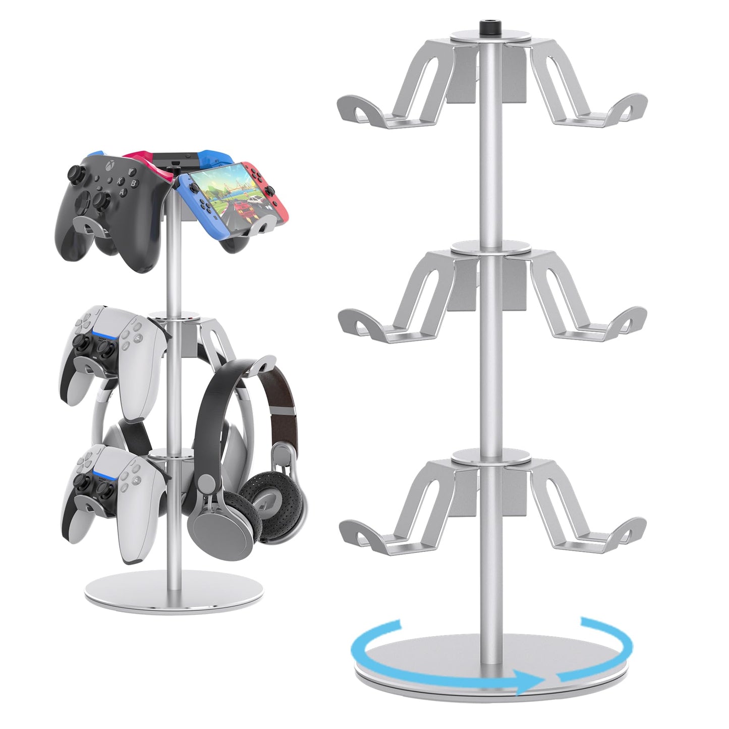 DGPCT Controller Stand Compatible with Xbox PS5 PS4 Nintendo Switch Pro  3 Tier Aluminum Gaming Headset Stand  Rotatable Headphone Controller Holder Organizer Rack  Universal & Large Capacity  Silver