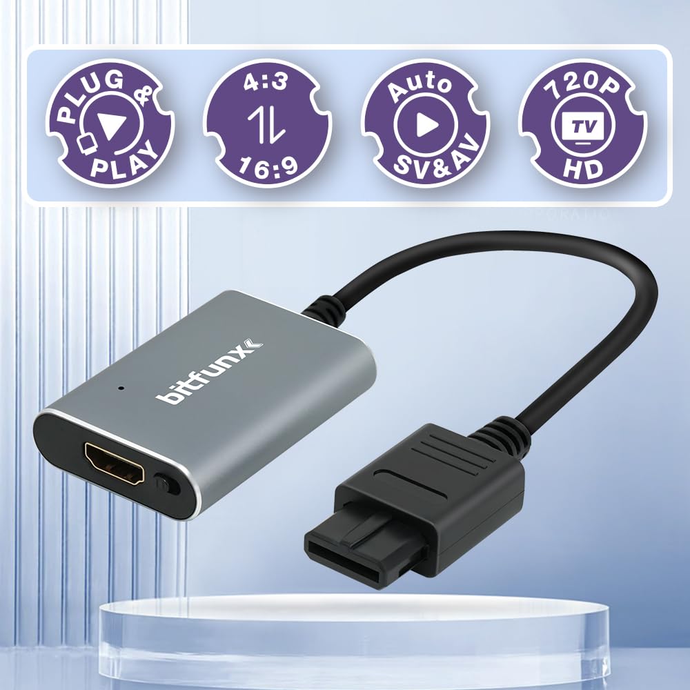 BITFUNX N64 HDMI Adapter - Plug & Play, Supports Auto SV & AV, 16:9/4:3, Grey